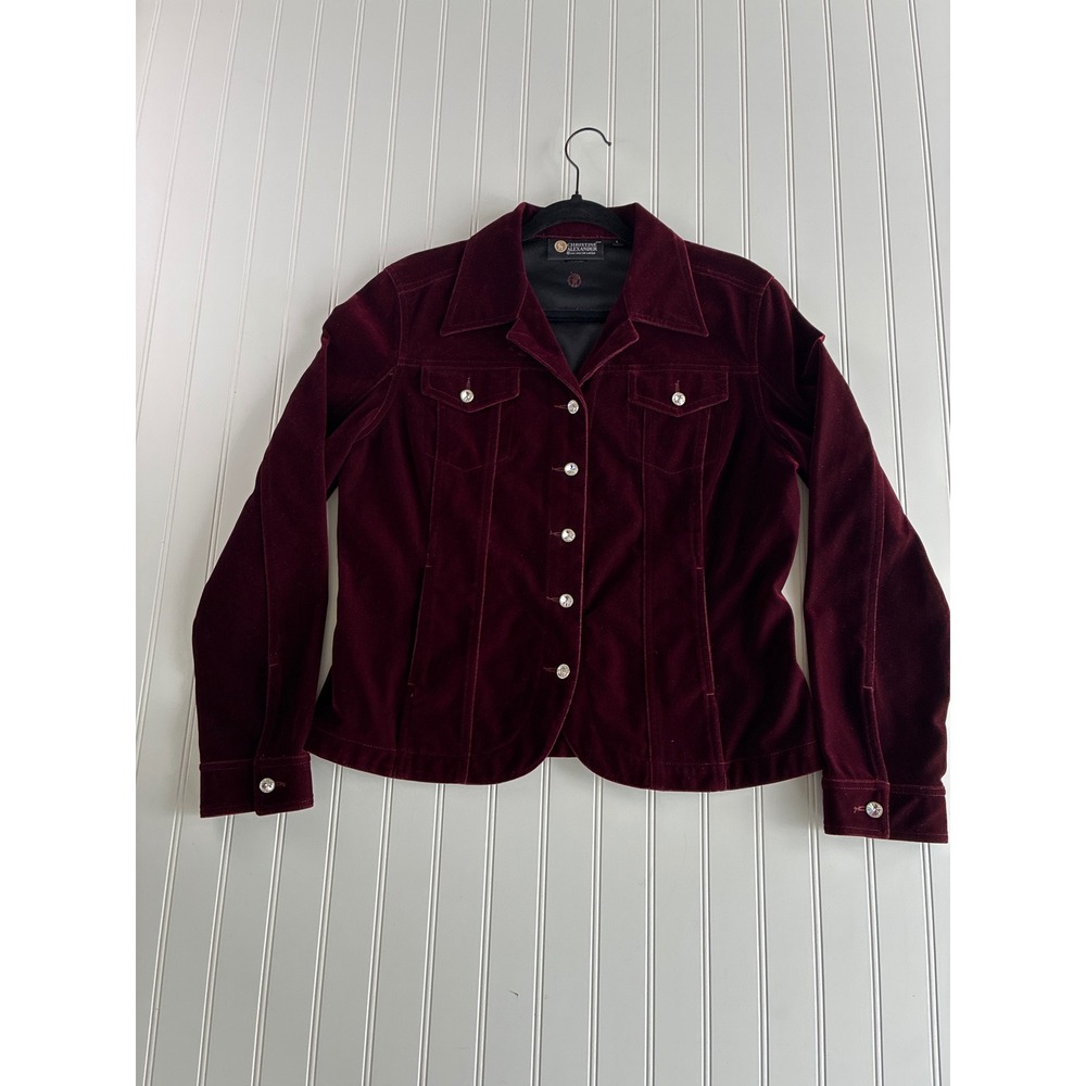 Christine Alexander Burgundy Crushed Velvet Rhinestone Button Jacket Womens L